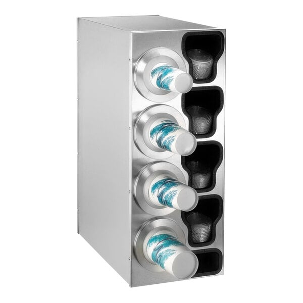 A silver metal Dispense-Rite countertop cup dispensing cabinet with built-in straw and lid organizers.