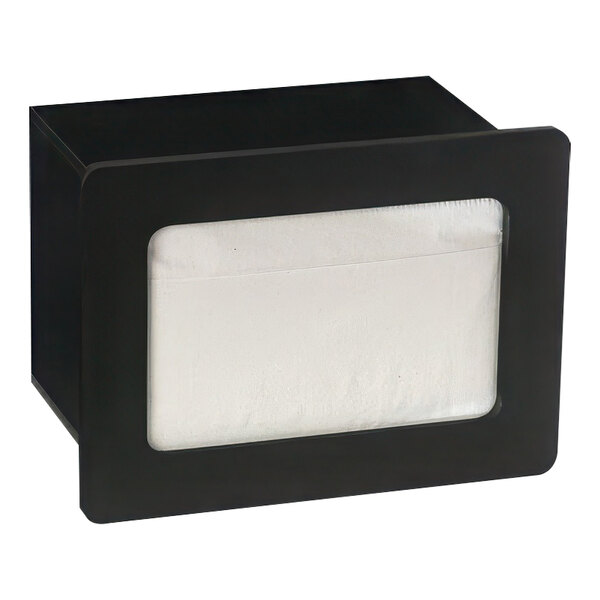 A black box with a clear plastic window containing white fullfold napkins.