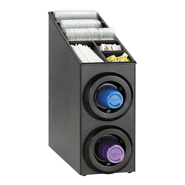 A black Dispense-Rite countertop cup and lid organizer with two compartments.