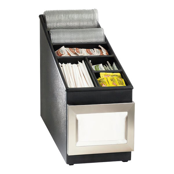 A black and silver Dispense-Rite countertop straw, condiment, and lid organizer with a stainless steel napkin dispenser.