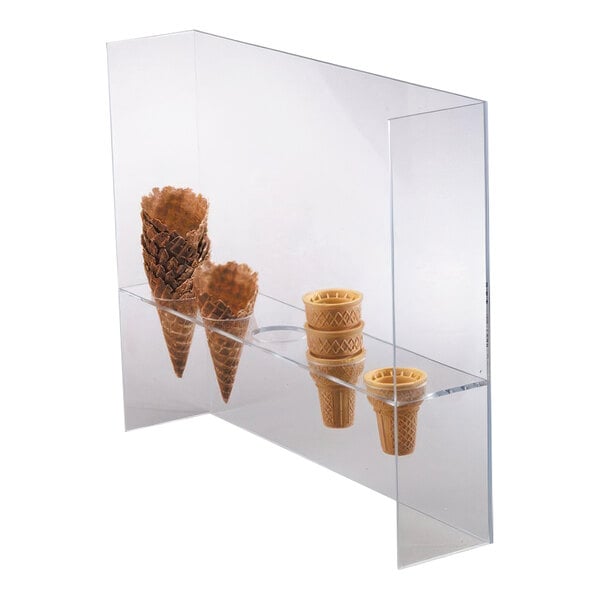 A clear acrylic display case with 5 sections of ice cream cones.