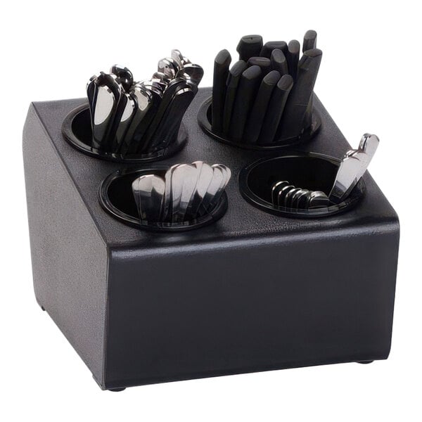 A black Dispense-Rite countertop container with silverware in the center.