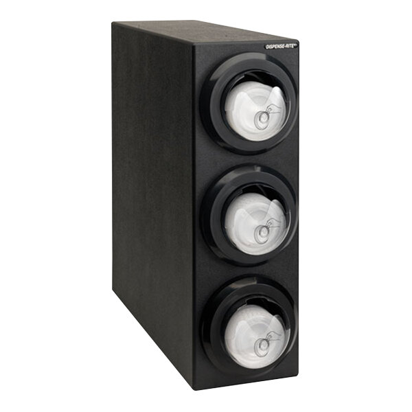 A black box with three round black containers with white knobs on it.