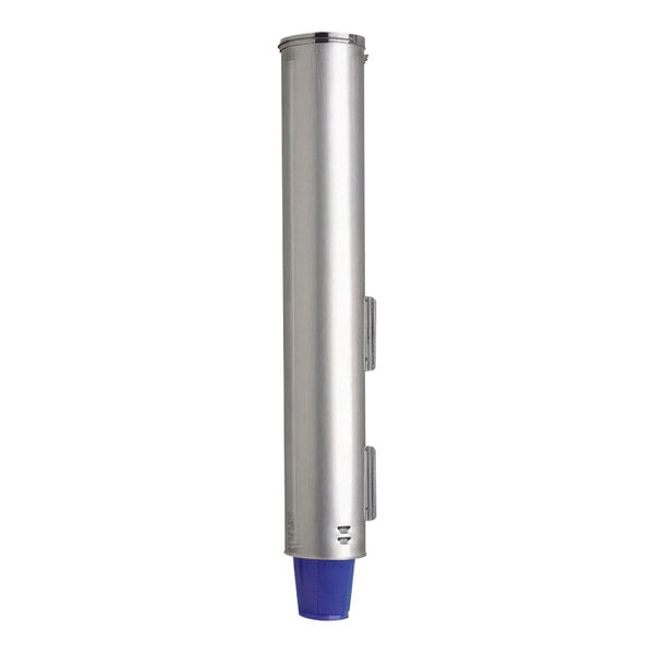 A stainless steel Dispense-Rite cup dispenser with blue accents.