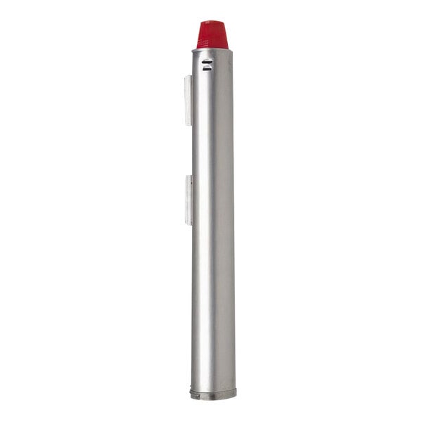 A stainless steel Dispense-Rite cup dispenser with a red button.