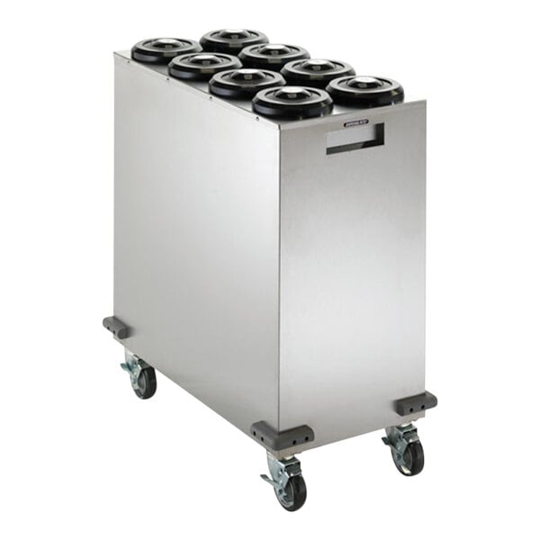 A stainless steel Dispense-Rite mobile cup dispensing cart with black containers on black wheels.