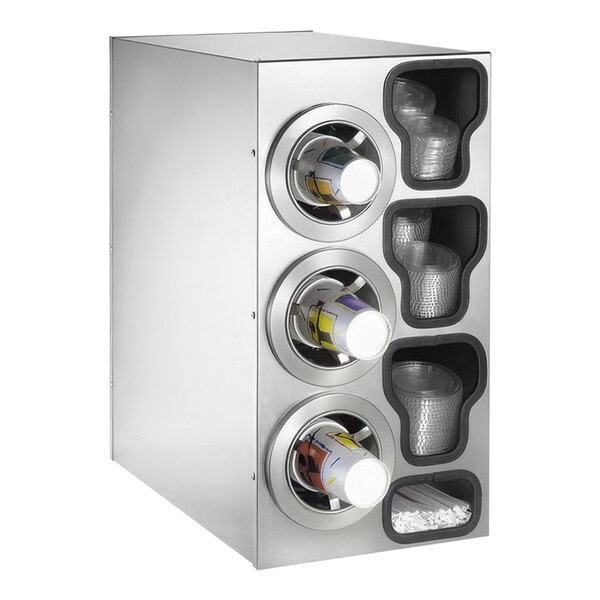 A stainless steel Dispense-Rite countertop cup dispenser with a white cup inside.