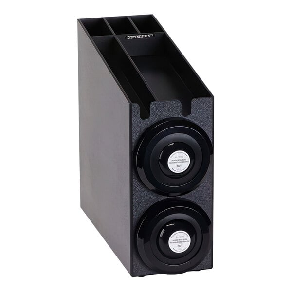 A black and grey Dispense-Rite countertop cup dispenser with built-in lid and straw organizer.