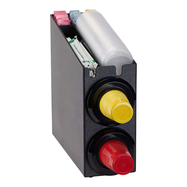 A black Dispense-Rite countertop cup dispenser with built-in lid and straw organizer.