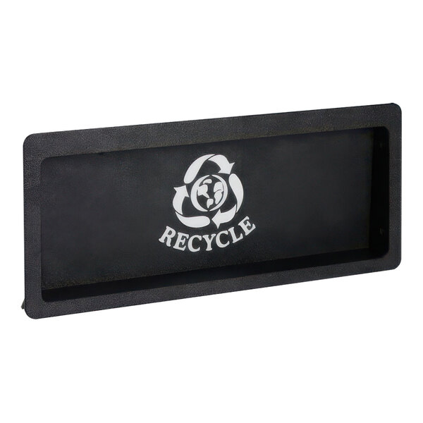 A black polystyrene countertop waste disposal door with recycling symbols for recycling.