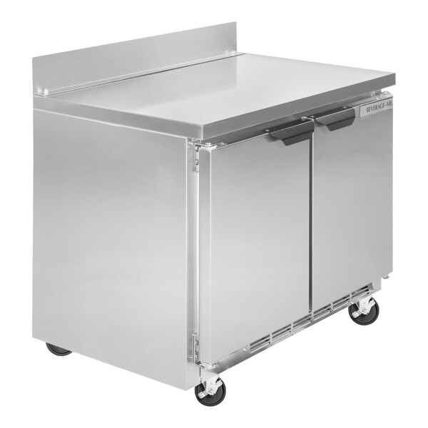 A Beverage-Air stainless steel worktop refrigerator with two doors.