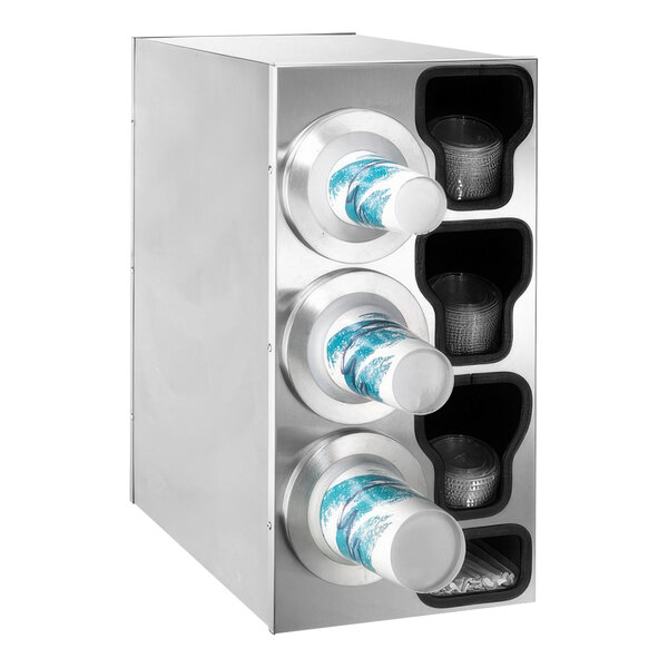 A stainless steel Dispense-Rite countertop cup dispenser with built-in straw and lid organizers.