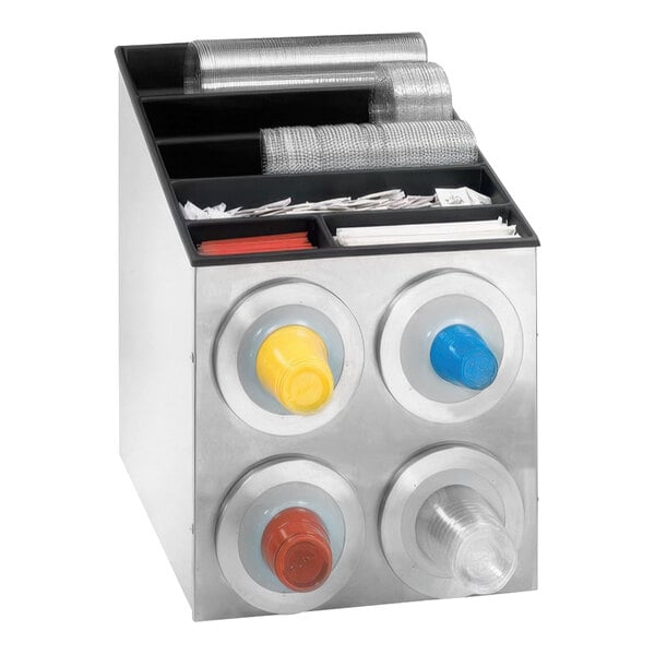 A stainless steel Dispense-Rite countertop cup dispenser with lid and straw organizers.