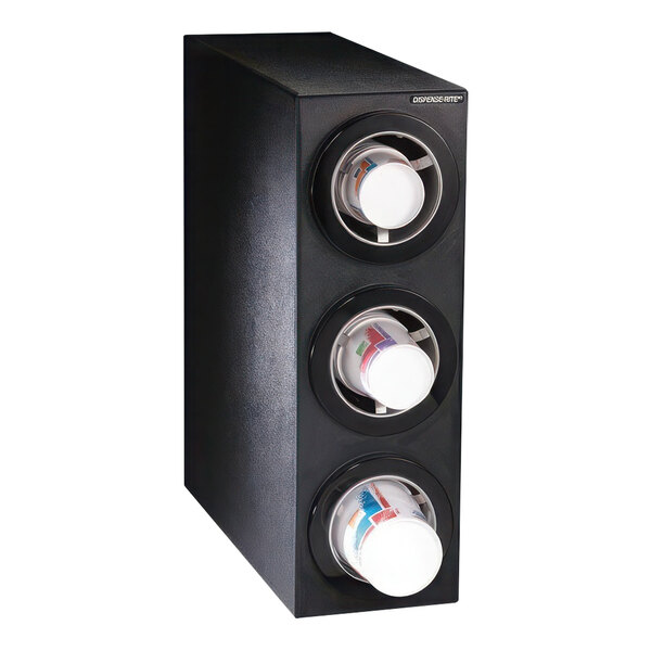 A black Dispense-Rite countertop cup dispenser with three compartments.