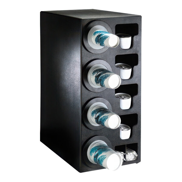 A black Dispense-Rite countertop cup dispenser with white cups and lids on top.