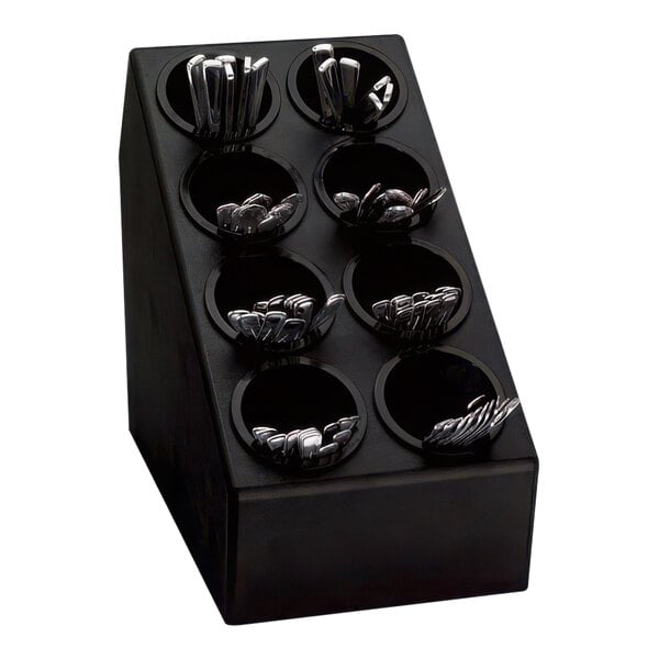 A black Dispense-Rite countertop organizer with spoons and forks in it.