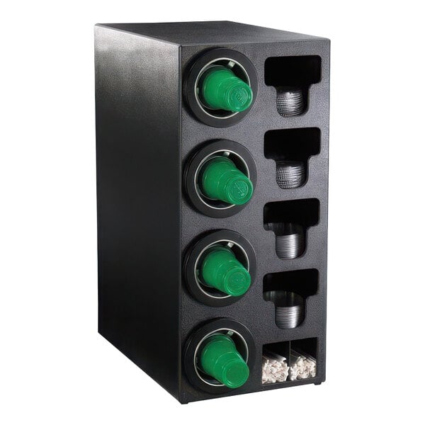 A black Dispense-Rite countertop cup dispenser with built-in straw and lid organizers holding green cups.