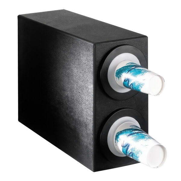 A black Dispense-Rite countertop cup dispenser with two compartments.