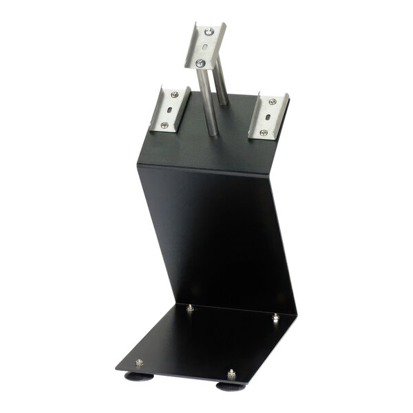 A black metal stand with metal legs and metal clips for Dispense-Rite dispensers.