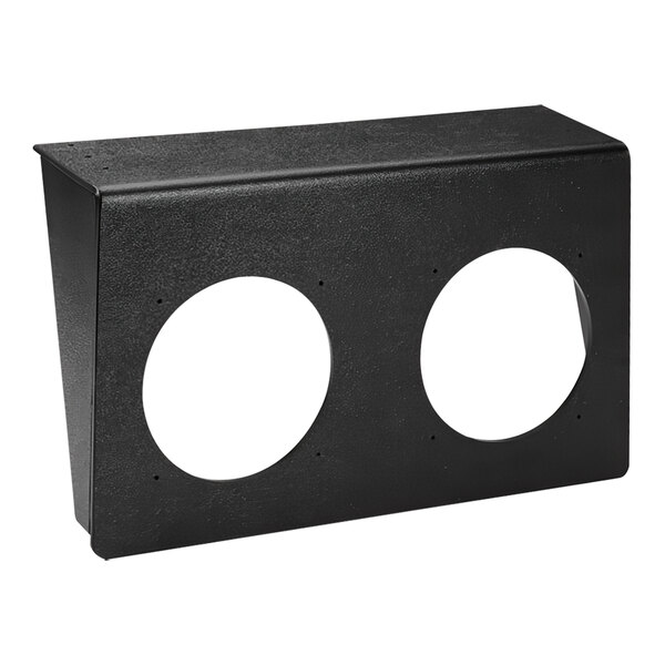 A black rectangular Dispense-Rite mounting bracket with two circles on it.