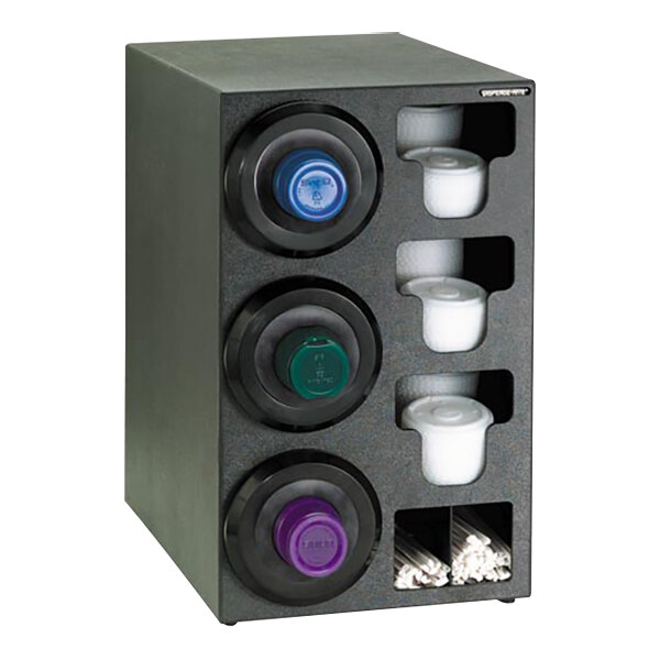 A black Dispense-Rite countertop cup dispenser with built-in lid and straw organizer holding plastic cups and lids.