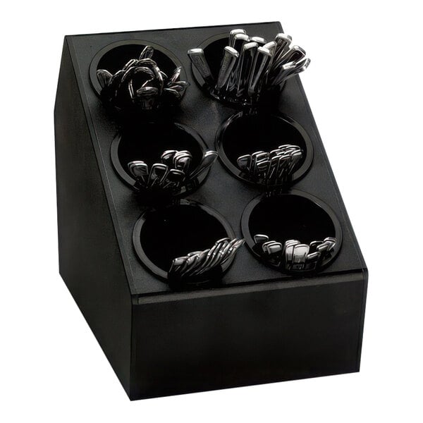 A black Dispense-Rite countertop organizer with silverware in it.