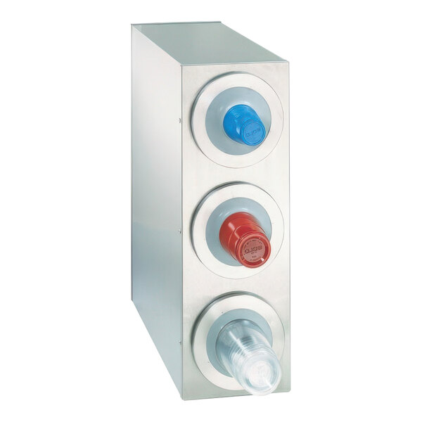 A stainless steel Dispense-Rite countertop cup dispenser with three compartments.