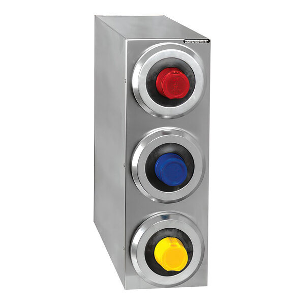 A silver stainless steel panel with three round buttons.
