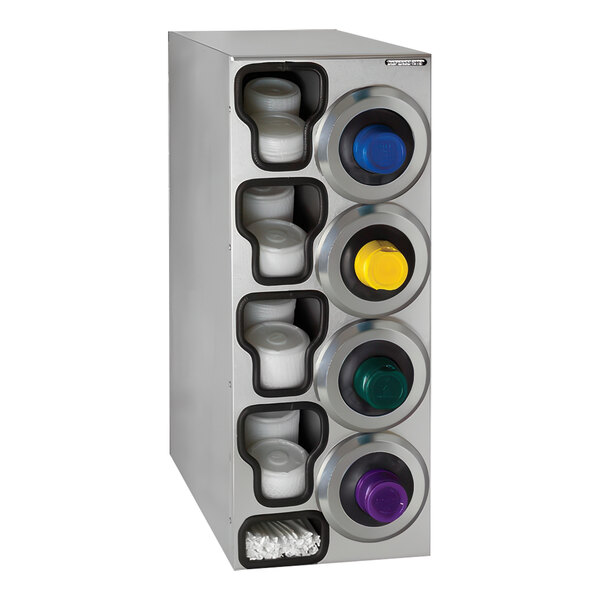 A close-up of a stainless steel Dispense-Rite countertop cup dispenser with built-in lid and straw organizer.