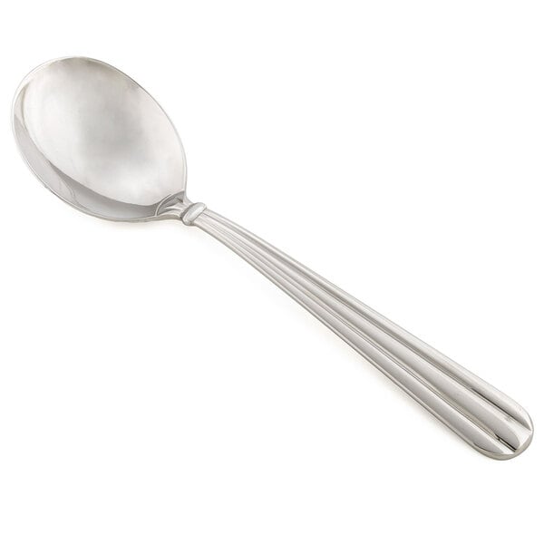 A Oneida Unity stainless steel round bowl soup spoon with long handles.