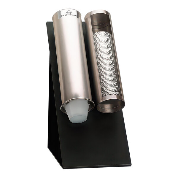 A black metal Dispense-Rite countertop stand with metal cylinders.