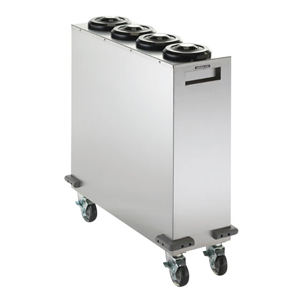 A large rectangular silver stainless steel cart with black wheels and four sections inside.