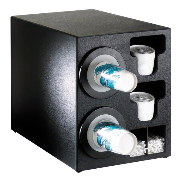 A black Dispense-Rite countertop cabinet with two compartments for cups and straws.