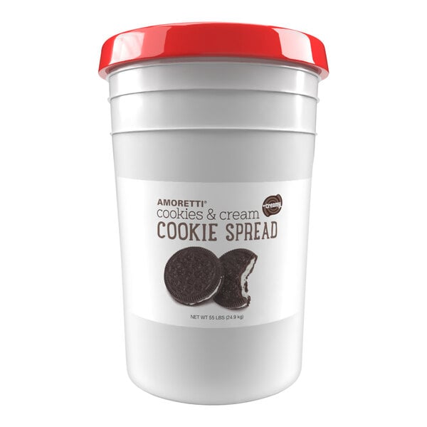 A white bucket of Amoretti Natural Creamy Cookies & Cream Cookie Spread with a red lid.