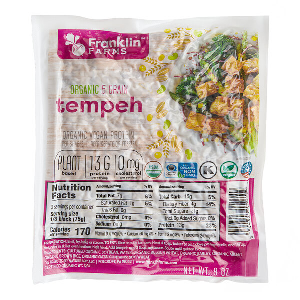 A close up of a package of Franklin Farms Organic Five Grain Tempeh.