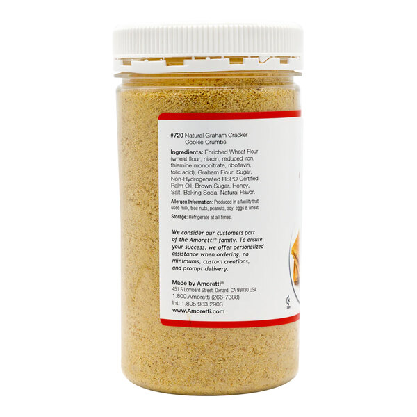 A white jar of Amoretti Natural Graham Cracker Cookie Crumbs with a label.