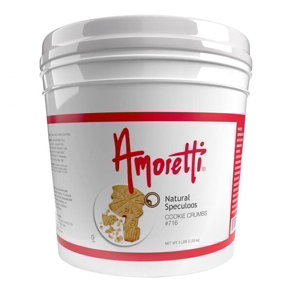 A white bucket of Amoretti Natural Speculoos Cookie Crumbs with red text.