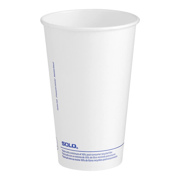 A Solo white paper hot cup with blue text.