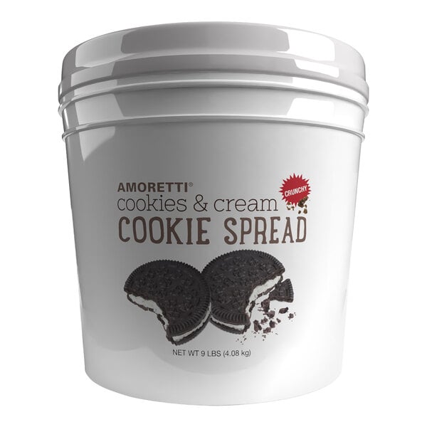 A white container of Amoretti Cookies & Cream spread with a white lid.