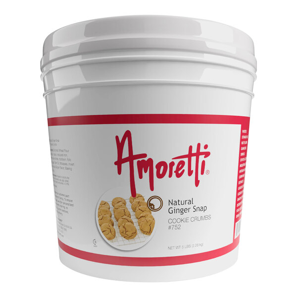 A white bucket with a red label for Amoretti Natural Ginger Snap Cookie Crumbs.