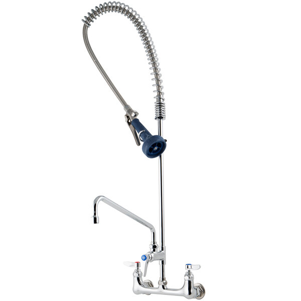 A T&S wall mounted pre-rinse faucet with a hose and add-on faucet.