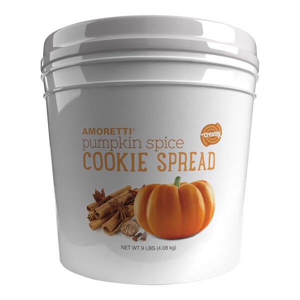 A white container of Amoretti Natural Creamy Pumpkin Spice Cookie Spread with a white lid.