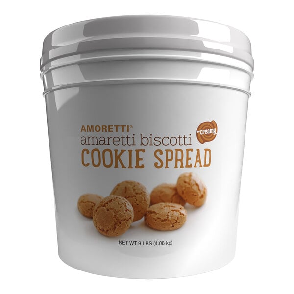 A white container of Amoretti Natural Creamy Amaretti Biscotti Cookie Spread with a white lid.