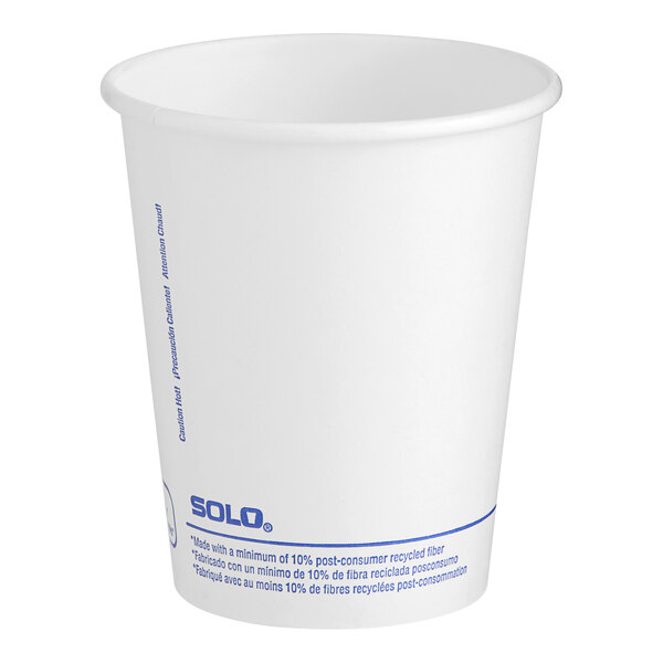 A white Solo paper hot cup with blue text on it.