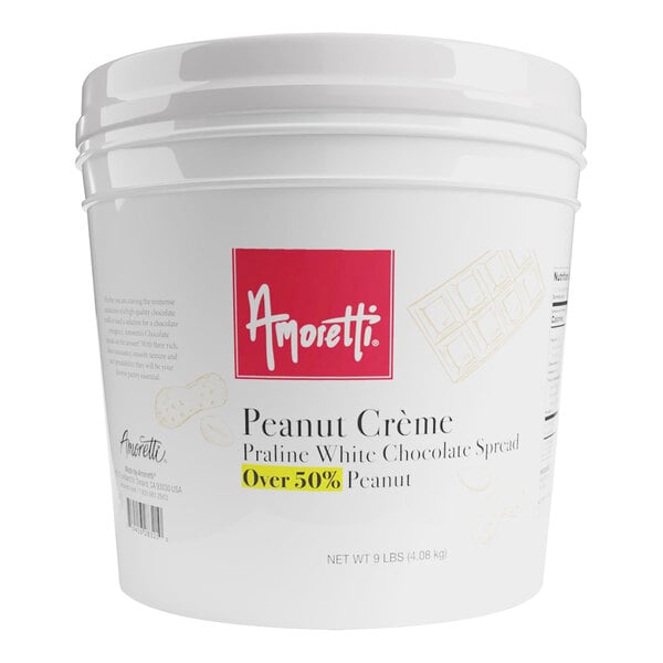 A white bucket of Amoretti Peanut Creme Praline White Chocolate Spread with a lid.