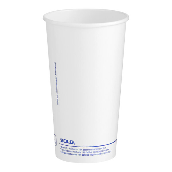 A Solo white paper hot cup with blue text.