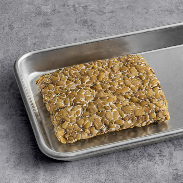 A rectangular Franklin Farms Organic Original Tempeh package on a metal tray.