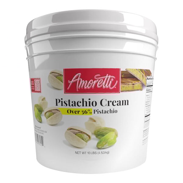 A white bucket of Amoretti Pistachio Creme Praline White Chocolate Spread with a label.
