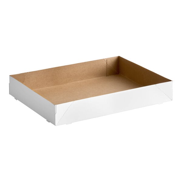 A white cardboard auto-popup donut tray with a lid.