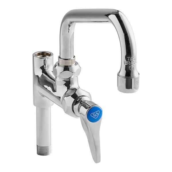 A silver T&S pre-rinse add-on nozzle with a blue button.